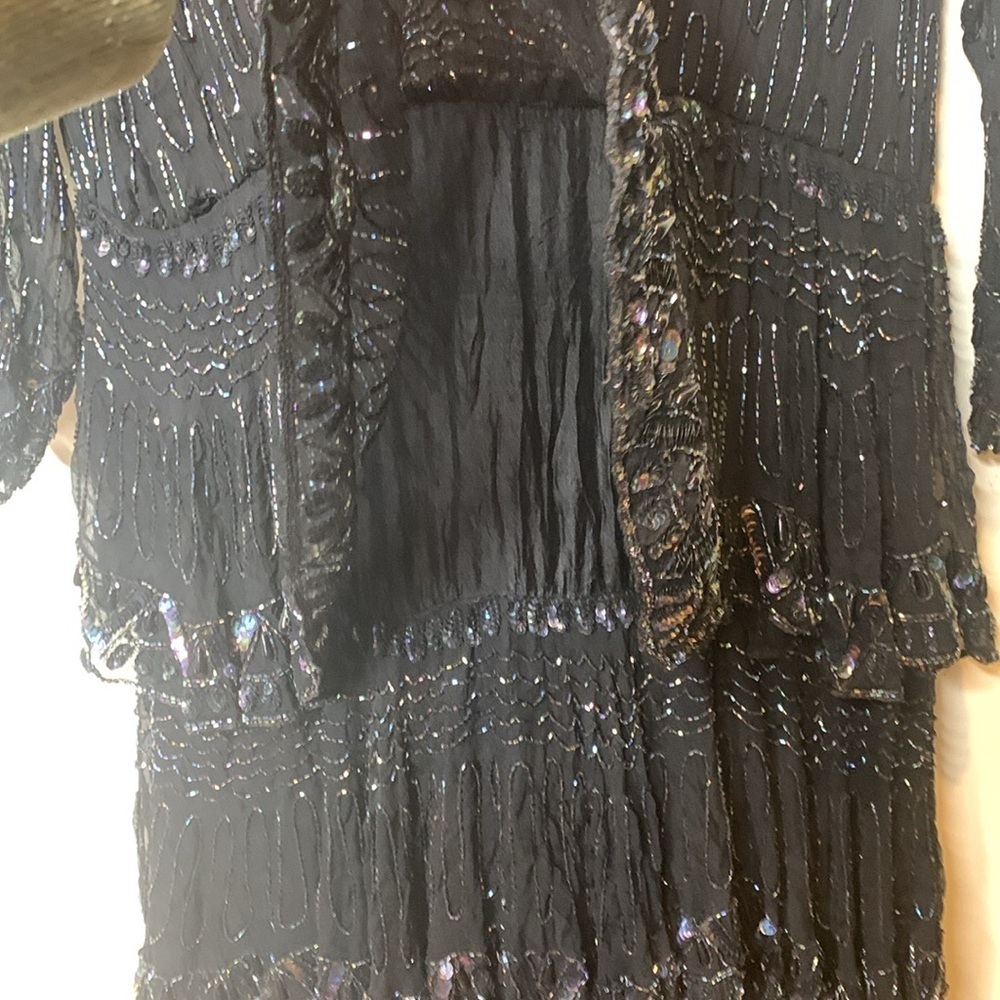 Vintage India Silk Black Beaded Sequin Cocktail Tiered Ruffle Art Deco Dress L - Picture 11 of 15